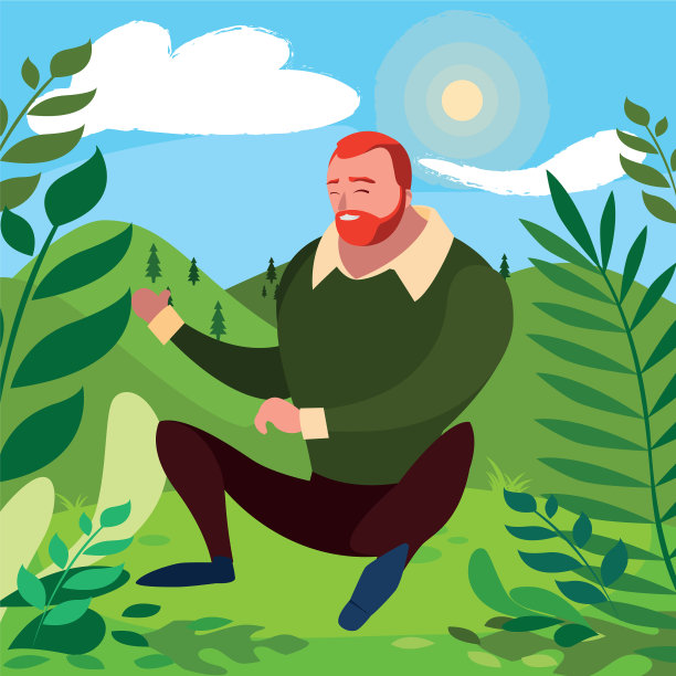 健壮的蓄着胡子的男人坐在田野里图片下载