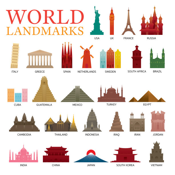 世界各国地标多彩的剪影集图片下载