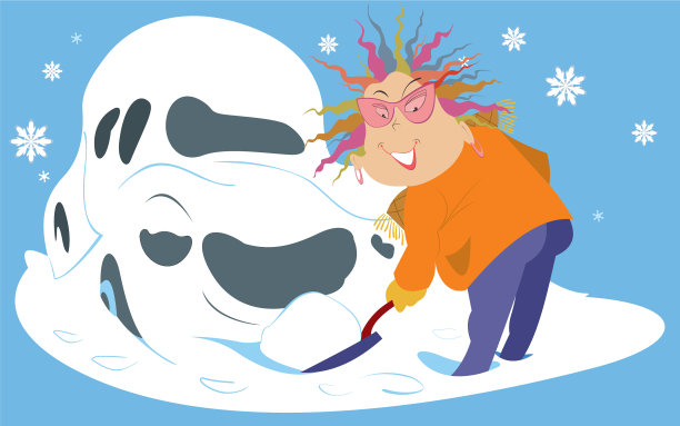 拿着铁锹和车的雪堆女人图片下载