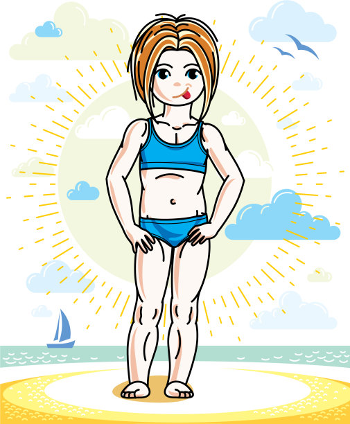 红发小女孩蹒跚学步站在阳光下图片下载