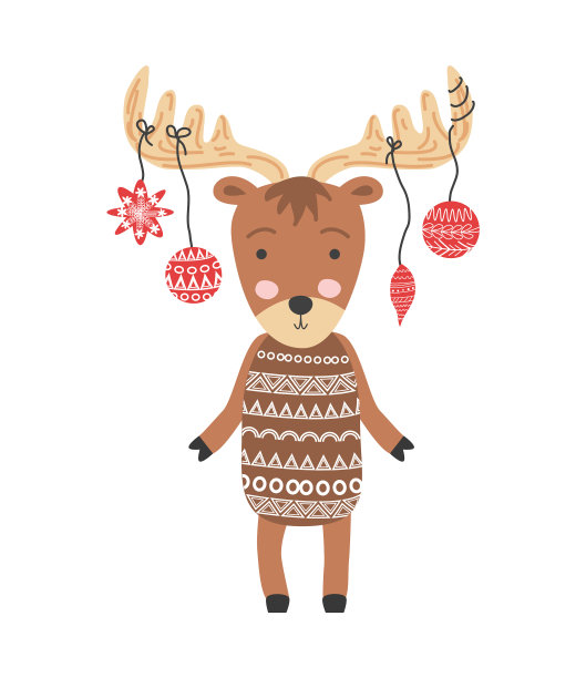 有趣的麋鹿与圣诞球手绘图片下载