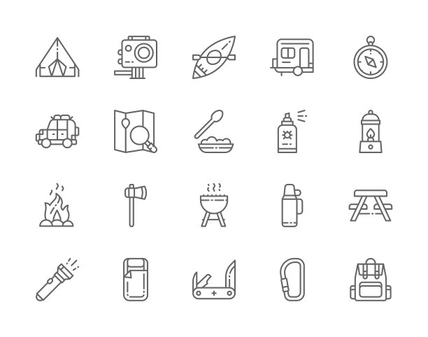 设置露营线图标BBQ独木舟拖车图片下载