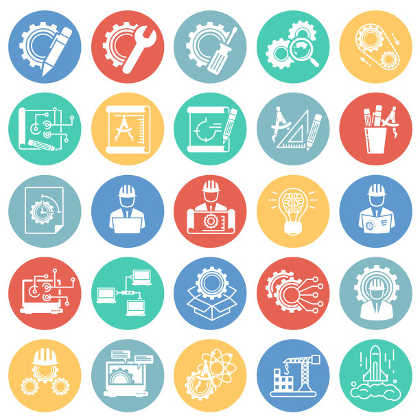 工程图标设置在彩色圆圈背景上图片下载
