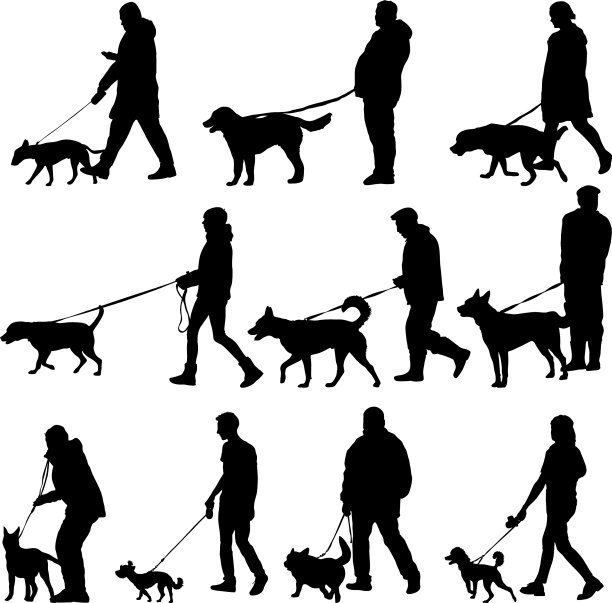 设置剪影的人和狗在一个白色图片下载