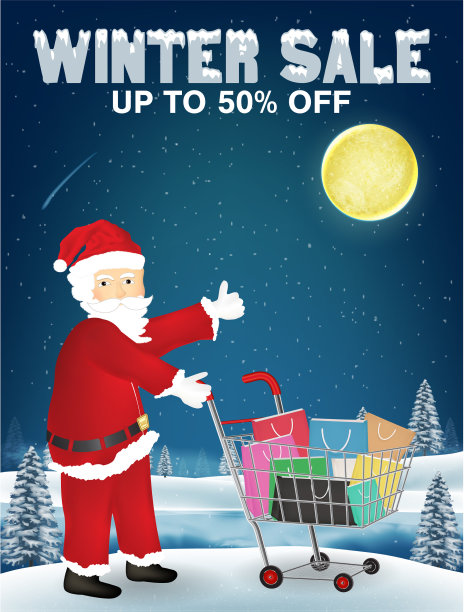 冬季大减价，圣诞老人带着购物袋和购物车图片下载