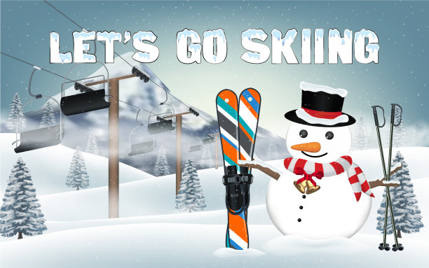 我们带着雪人和滑雪装备去滑雪吧图片下载