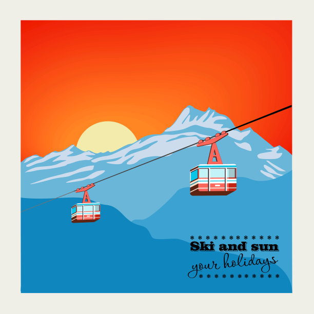 复古冬季背景海报红色滑雪升降机图片下载