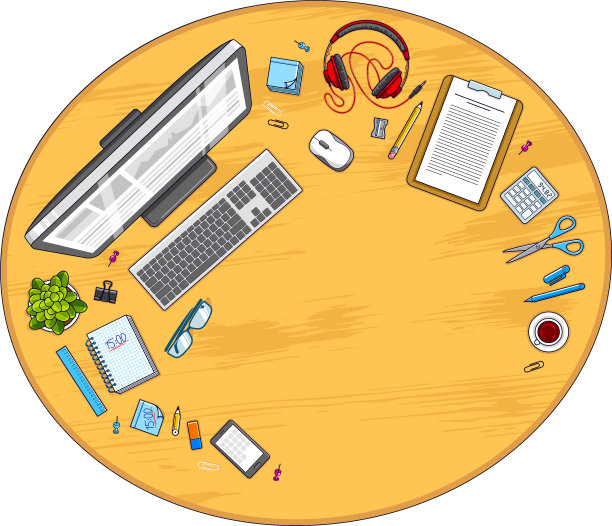 木制办公桌工作空间顶视图与PC图片下载