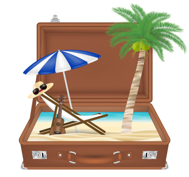 手提箱打开与大海和海滩景色在一边图片下载