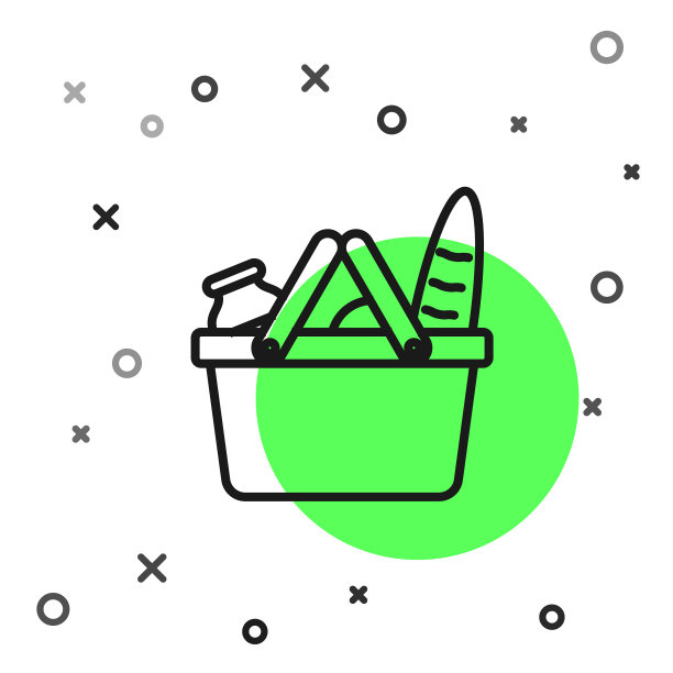 黑线购物篮和食品图标孤立图片下载