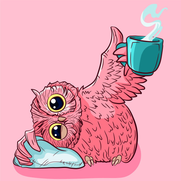 粉红色的瞌睡虫在喝着早上的热咖啡图片下载