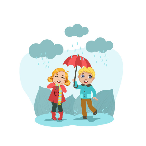 可爱的男孩和女孩站在一起，撑着伞开心图片下载