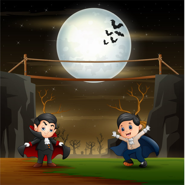 万圣节前夜，穿着吸血鬼服装的快乐孩子们图片下载