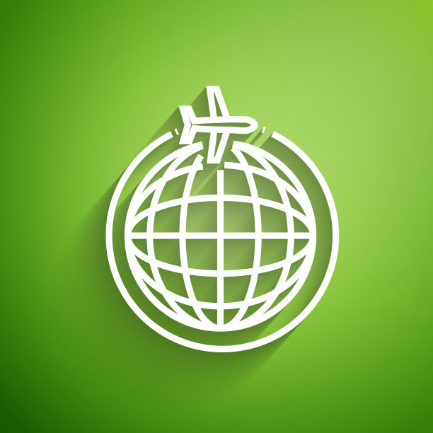 白色线地球仪与飞行飞机图标隔离图片下载