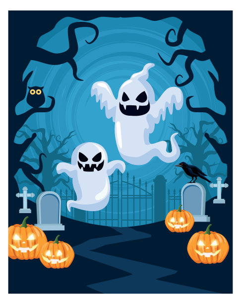 万圣节的黑暗场景与幽灵和南瓜图片下载