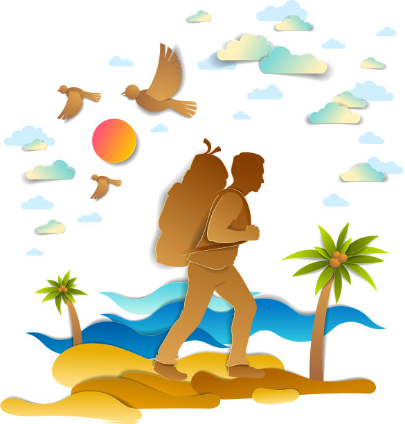 年轻活跃的男子徒步到海边与棕榈树图片下载