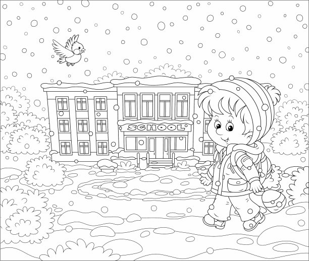 一个冬天的早晨，一个男孩去上学图片下载