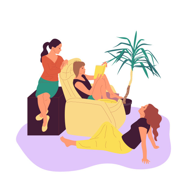 三个女孩坐在扶手椅上看书图片下载