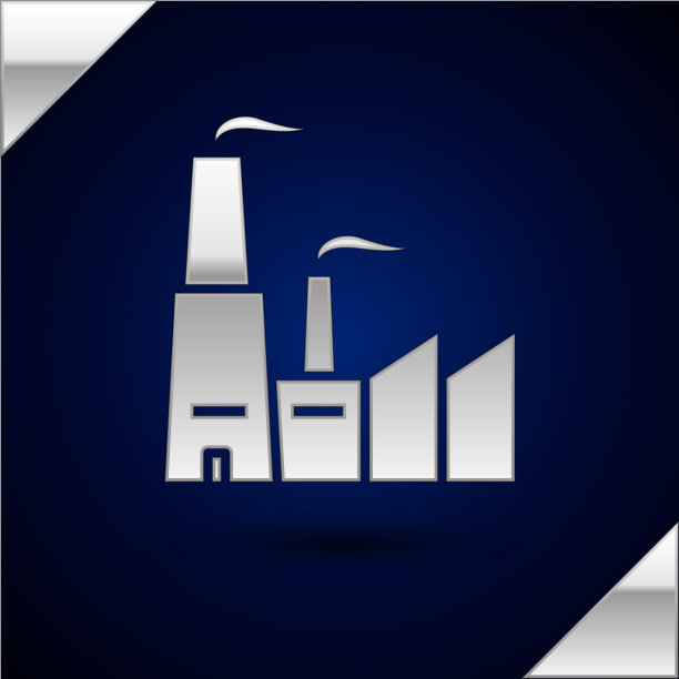 银色工厂图标孤立在深蓝色图片下载