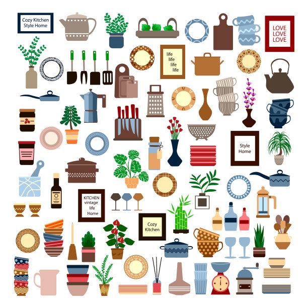 大型厨房用具和装饰和图片下载