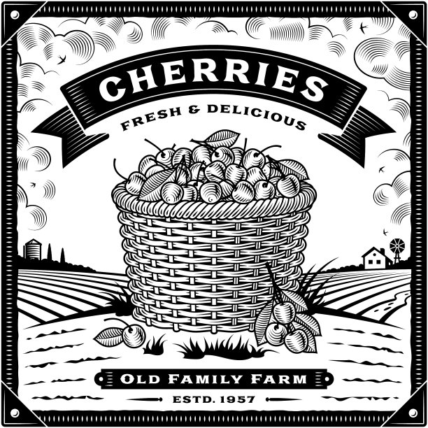复古樱桃收获标签与景观黑色图片下载