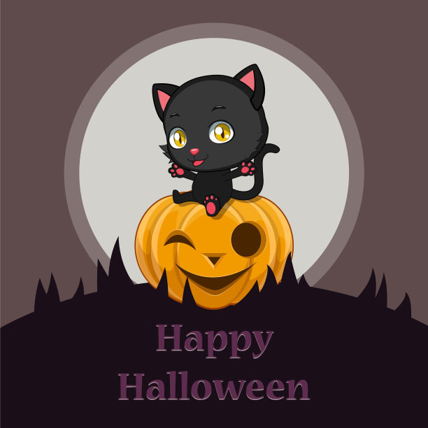 可爱的黑猫坐在万圣节的南瓜上图片下载