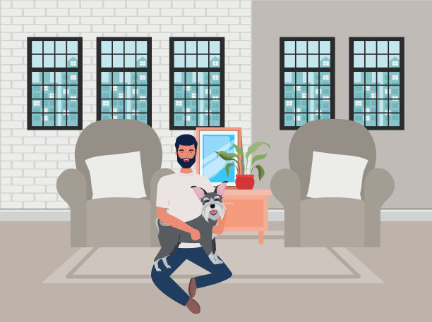 客厅里的年轻人和可爱的狗吉祥物图片下载