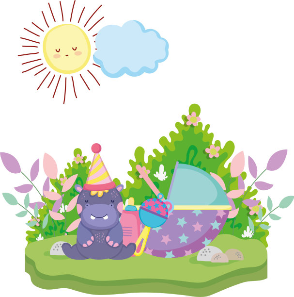 可爱的小河马人物，戴着派对帽图片下载