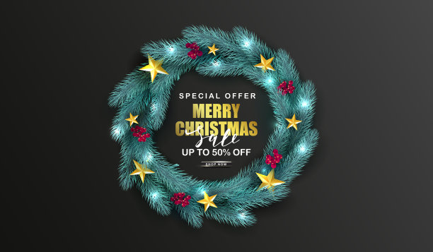 圣诞快乐，促销海报，绿色的圣诞花环图片下载