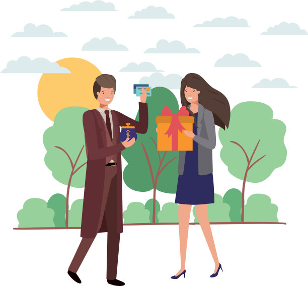 夫妇与礼品盒和硬币钱包在景观图片下载