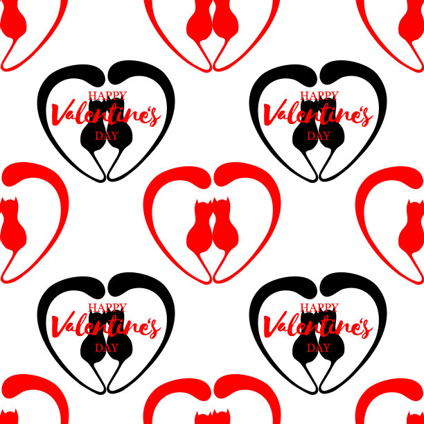 心形和小猫的浪漫无缝图案图片下载