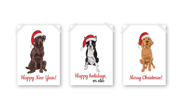 圣诞贺卡集与圣诞狗孤立图片下载