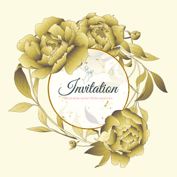 手绘金色牡丹花带叶图片下载