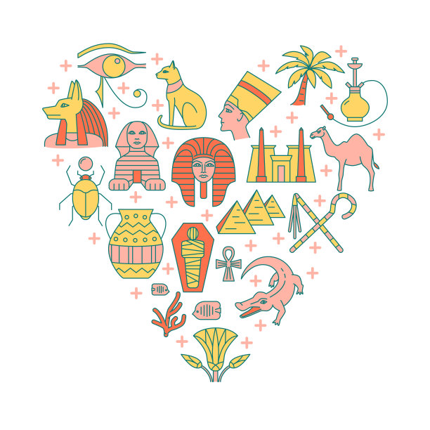 旗帜与埃及符号在彩色线条风格图片下载