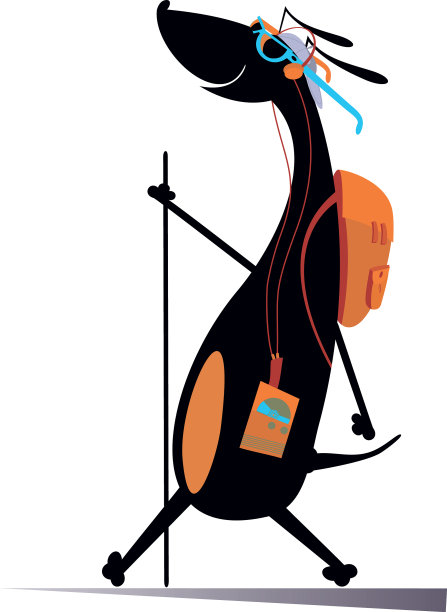 徒步狗背包拐杖和音乐图片下载