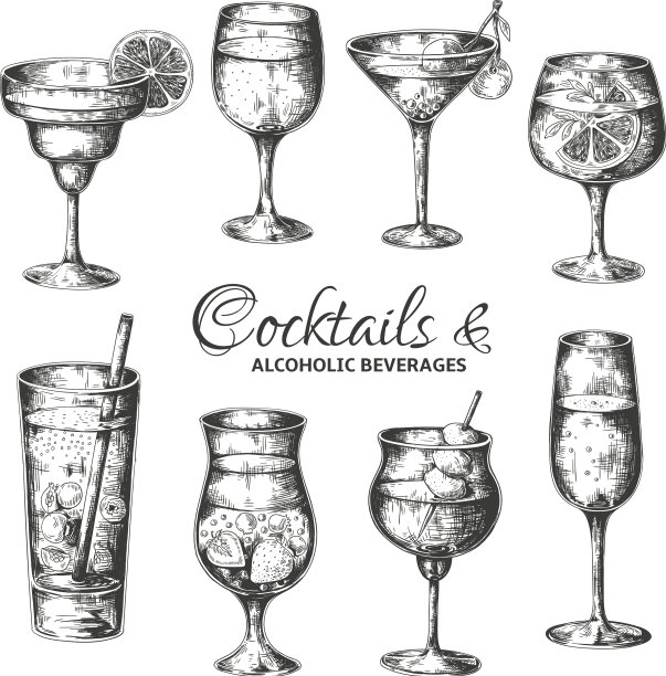 手绘鸡尾酒复古酒杯与烈酒图片下载