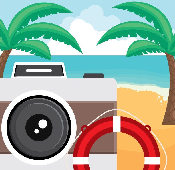 树木，棕榈树，海滩场景与相机和浮动图片下载