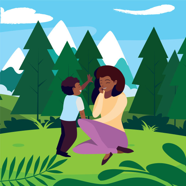 漂亮的黑人妈妈带着儿子在田里图片下载