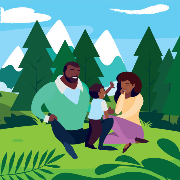 一对黑人夫妇和儿子在风景图片下载