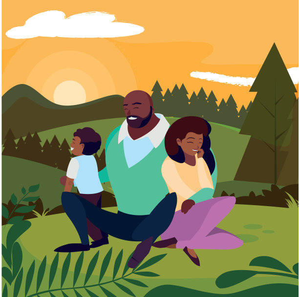 一对黑人夫妇和儿子在风景图片下载