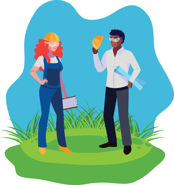 跨种族的夫妇建筑工在草坪上图片下载