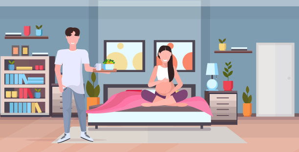 男人端着早餐托盘，里面装着孕妇的食物图片下载