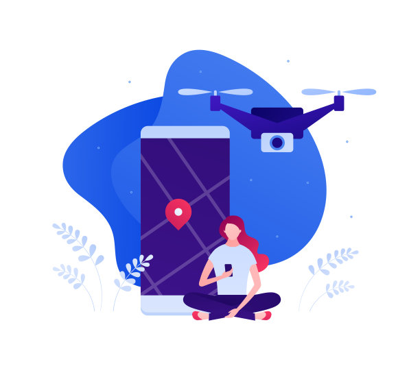 无人机航空和无人飞行相机概念。矢量平面人插图。机器人摄影师与女性控制器。屏幕上有城市地图的智能手机。设计横幅，信息图表。图片下载