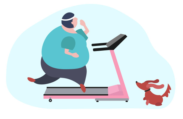 胖女人在运动固定跑步机上。女孩在家里跑步。素材图片