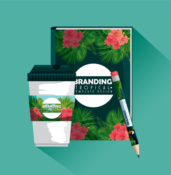 带有热带设计的铅笔和笔记本图片下载