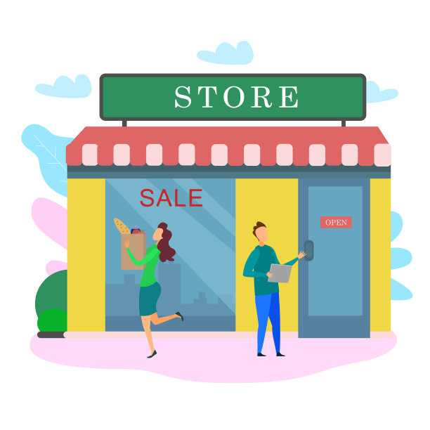 男子开杂货店门，顾客拿着食物图片下载