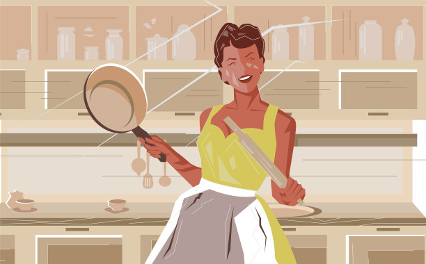 穿着围裙的年轻女子站在厨房里图片下载