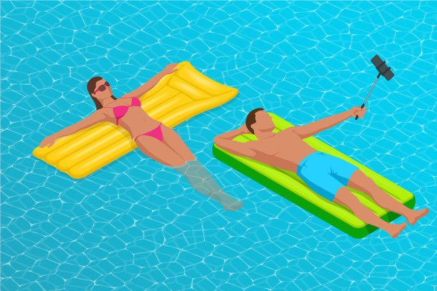 充气戒指和床垫年轻男人和女人图片下载