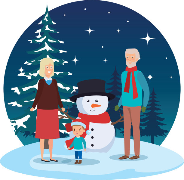 爷爷奶奶带着孙子和雪人进来了图片下载