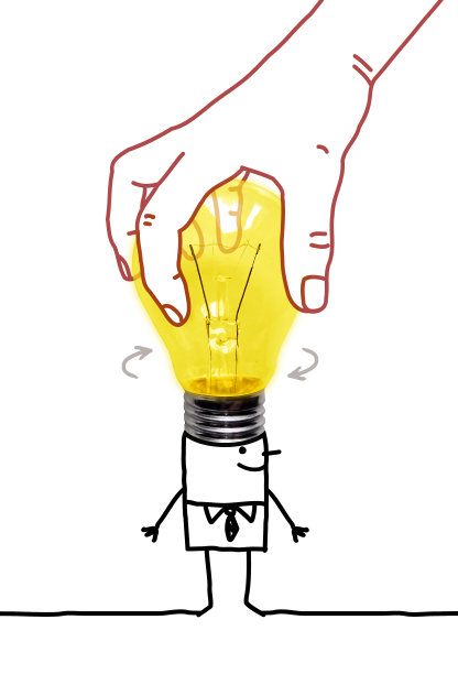 卡通商人，有一只能在头上修理灯泡的大手图片下载